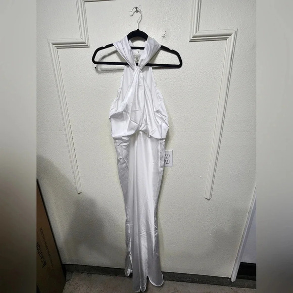 Lulu's Halter White Satin Halter Neck Twist-Front Maxi Dress Wedding Bridal - Picture 7 of 14